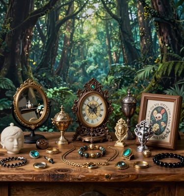 A mystical forest backdrop showcasing assorted unique trinkets laid out on a wooden table.