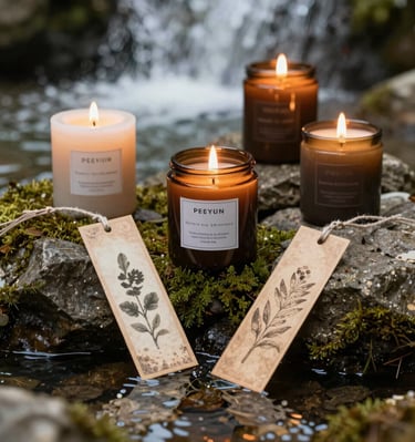 An earthy-toned product setup featuring candles and vintage bookmarks over mossy stones.