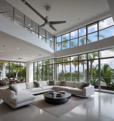 Sunset view of a sleek, modern Miami high-rise overlooking the ocean.