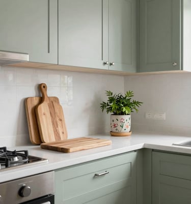 A rustic wooden table set with simple ceramic dishes and a vase of wildflowers.