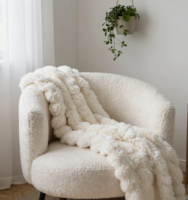 A small bedroom corner with vintage floral wallpaper, a rattan chair, and a cozy blanket.