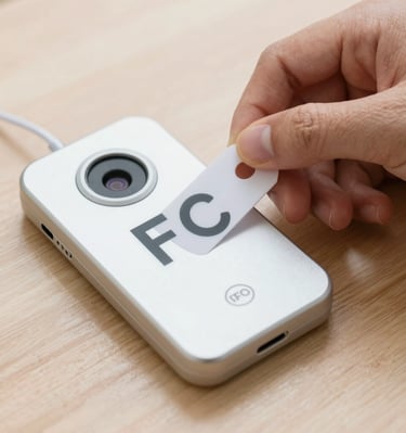 Close-up of a sleek NFC card reader with red and gray accents matching Datlog's branding