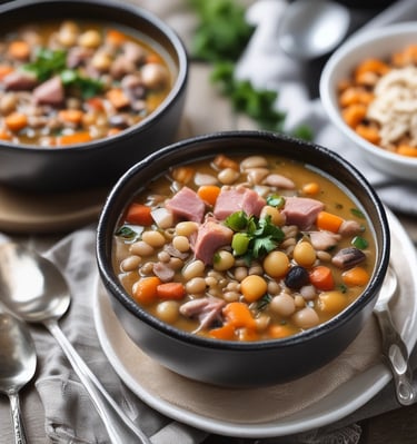 A bowl of soup with rich ingredients including a large mushroom, sliced vegetables, and fresh herbs. The bowl is ornately decorated with a traditional pattern and the background is a plain teal color, enhancing the focus on the dish.
