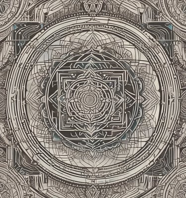 A person is adorned with numerous rudraksha beads and covered in ash, holding an orange cloth. The setting includes various religious artifacts, including a trident embellished with marigold garlands, and religious images or idols.