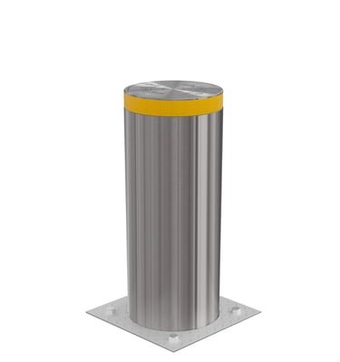 Automatic stainless steel rising bollard with a reflective yellow safety band for traffic control.