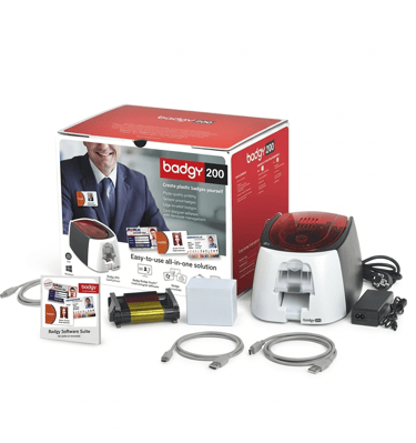 Badgy200 all-in-one plastic ID card printer kit with color ribbons, software, and blank cards.
