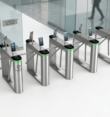 Automatic tripod turnstiles with digital displays in a modern office visitor check-in area.