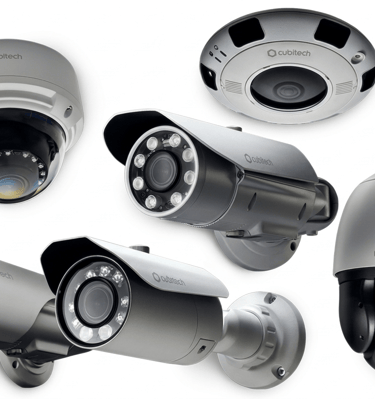 Collection of security cameras including bullet, dome, and PTZ models for commercial surveillance.
