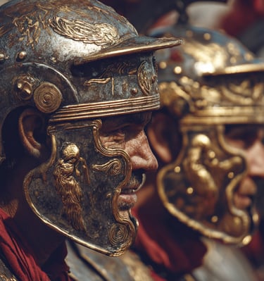 Close-up of ancient Roman soldiers in detailed golden helmets and armor, symbolizing the might of th