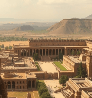 Ancient Ethiopian city with monumental sandstone architecture, statues, and mountain landscape in th