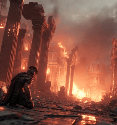 Roman soldier kneeling in the ruins of a burning ancient city, surrounded by collapsing columns and