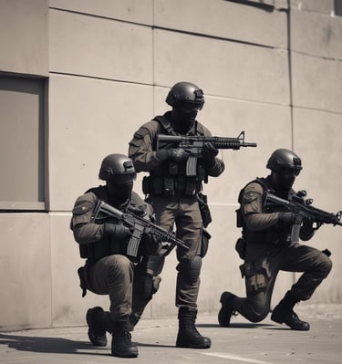 Two individuals dressed in tactical gear are positioned in a dense, foliage-rich environment. One person is aiming a rifle while the other appears to be communicating or signaling behind them. Both wear dark clothing and have Indonesian flags on their uniforms.