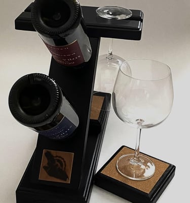Rustic Countertop Wood Wine Rack for 2 Bottles Holders and 2 Glasses Holder with 2 Coasters. Solid W