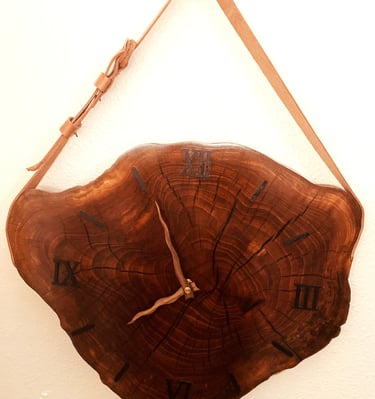 Farmhouse Edged wooden. Epoxy and Leather slab Wall Art clock.