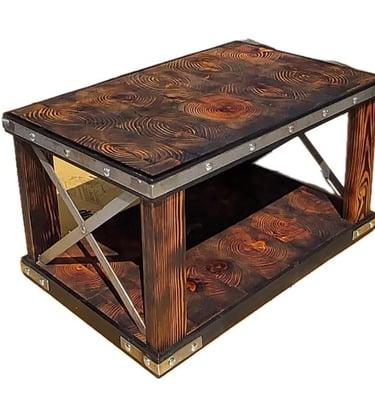 This product is manufactured to order. Metal, Wood And Epoxy  coffee table. Indoor & Outdoor.