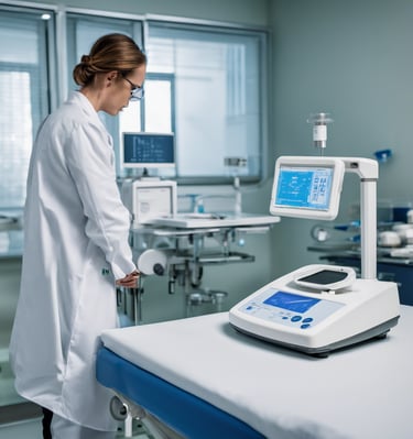 person in white long sleeve shirt standing beside blue and white hospital bed