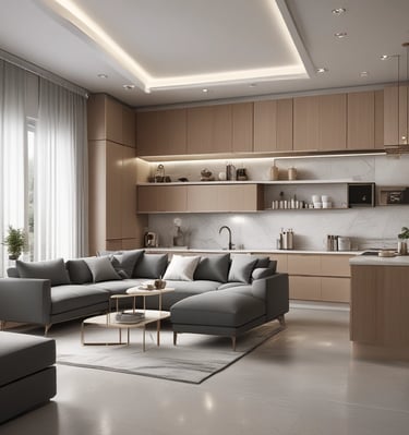A modern kitchen with dark grey cabinets and beige accents.