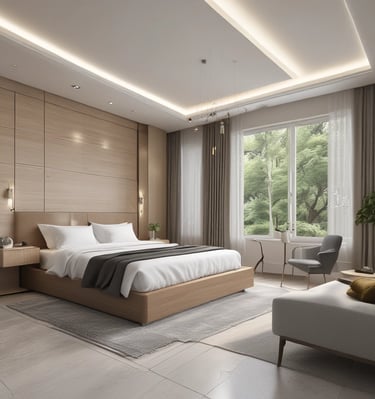 A cozy bedroom showcasing elegant furnishings and soft lighting.