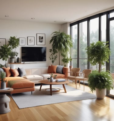 A serene living room with warm lighting and personal touches.