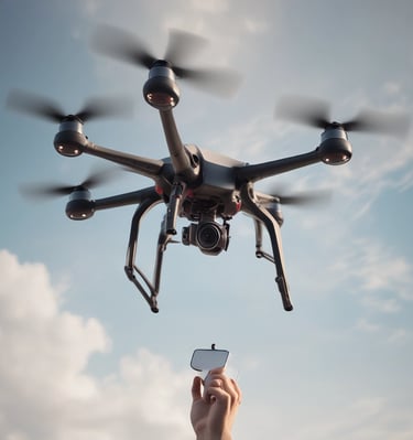A small drone with propeller guards is hovering in front of a lush green leafy background. The drone features four rotors and appears to be in motion, with blurred propellers indicating flight.