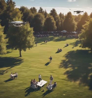 A drone hovers in mid-air in an outdoor setting with a blurred natural background. Below the drone, a black bag sits on a flat surface.