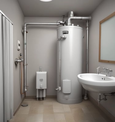 Modern residential water heater and plumbing system in bathroom representing dependable plumbing sol