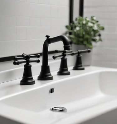 Black faucet with handles and water flowing into sink representing faucets and fixtures services in