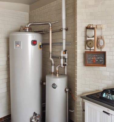 Water heater tank and pipes in residential utility room representing water heater services in Snow C