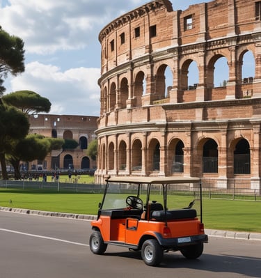 Ancient Roman ruins with tall stone columns under a bright blue sky. The ruins are surrounded by green grass and paths, with modern buildings visible in the background. Tourists walk around, exploring the historic site.