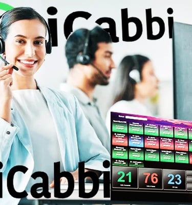 Dispatcher handling calls using iCabbi software for UK taxi services.