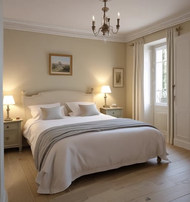 Cozy bedroom setup with built-in wardrobes and minimalist design.