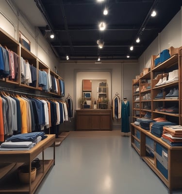 A neatly stacked pile of clothing with visible brand logos, including Nike and a horse logo. The clothes are mainly in dark and neutral colors, with a prominent black piece featuring a large white swoosh. A subtle vertical obstruction divides the image, adding a sense of depth.