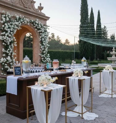 Estación de coctelería premium al aire libre con arco de rosas blancas, barra de madera clásica