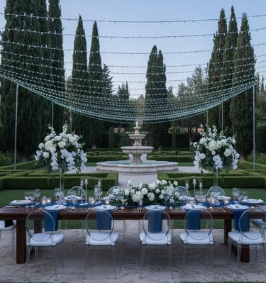Montaje de cena de gala nocturna en exterior con iluminación de guirnaldas LED en Málaga