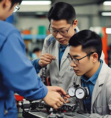 A laboratory setting with a long counter space equipped with various scientific instruments and equipment. There are multiple large windows offering a clear view of the rooftops and buildings outside. On the counter, there is a lit Bunsen burner, a lab water bottle, and a bottle of hand sanitizer among other lab apparatus.