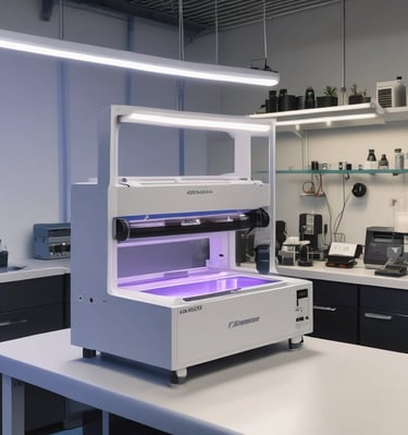 A laboratory setting features a line of glasses partially filled with a golden liquid, placed on a shiny black countertop. In the foreground, there is a cardboard box with 'KARBACH BREWING CO' written on it. To the side, a person is writing on a piece of paper with a pen, surrounded by various equipment and machinery.