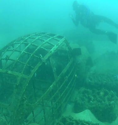 Diver posing beside coral-covered VW Beetle in Lovina Reef underwater museum