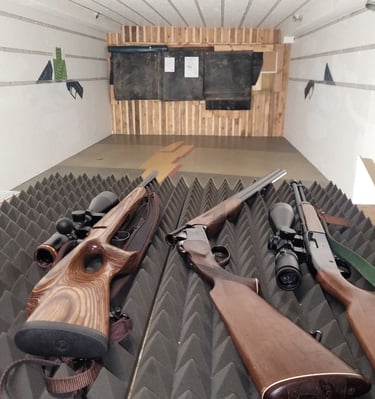 gulintys ginklai ant stalo šaudykloje