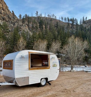 Image 1 → "Love & Lattes vintage coffee trailer exterior at an outdoor event" 