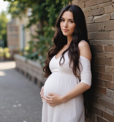 A pregnant woman is sitting outdoors, holding a small pair of baby shoes in one hand and her belly with the other. She is wearing a white lace crop top and a long skirt, accessorized with colorful beaded bracelets and a necklace. The background features lush greenery and a calm pond, creating a serene and natural setting.