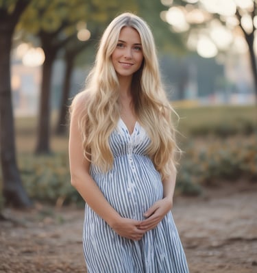 A close-up of a pregnant woman's belly with her hands gently cradling it. She is wearing a black top and a flowing skirt. The background appears soft and light, possibly sheer curtains diffusing sunlight.