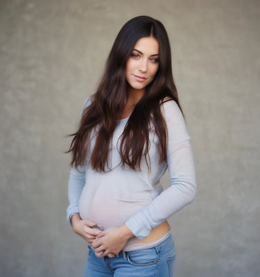 A pregnant woman gently cradles her belly with one hand while wearing black lace lingerie and a matching robe. The focus is on her midsection, and her face is partially visible, conveying a serene and introspective mood.