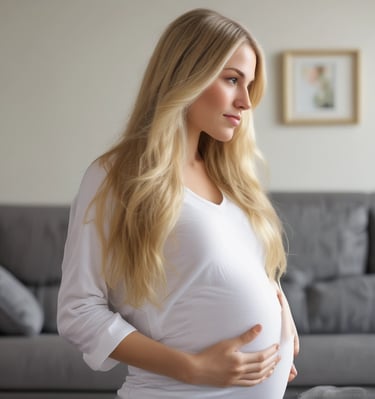 A pregnant woman is sitting on a small ladder, holding her belly with both hands. She is smiling and wearing a white top and a light green skirt. The background consists of a plain, textured gray wall. The lighting casts a soft shadow behind her, creating an intimate and warm atmosphere.