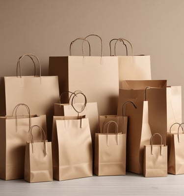 Sacs en papier kraft de différentes tailles, alignés sur une surface neutre en bois clair, éclairage