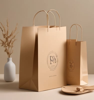 Kraft paper bags with unique designs and branding.
