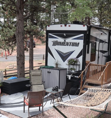 a stationary RV parked in an RV park long term