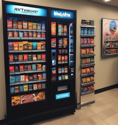 A dimly lit vending machine filled with various snack items, including chips and candy. The image features bright packs in a range of colors such as blue, red, and yellow. The vending machine is surrounded by darkness, emphasizing its illuminated display.