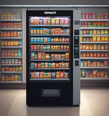 A vending machine is stocked with various snack items, predominantly chips and candy. There is a digital display to the right, suggesting it's located in a public space like a subway station, with an advertisement displayed on the wall.