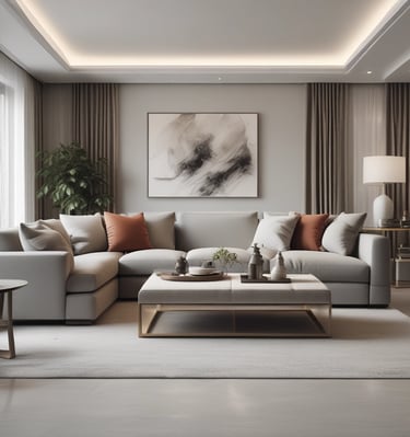 A person wearing a maroon suit is leaning back while vacuuming a rug in a neatly arranged room. The room features large windows with black frames, a plant, and various pieces of furniture such as a yellow armchair and a brown sofa. The walls are adorned with framed pictures and artwork.