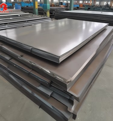 A warehouse aisle containing metal shelves filled with various building materials. In the center is a forklift, which appears to be moving a pallet loaded with blue and white containers. The surroundings are industrial, with visible shelving, concrete walls, and metal beams. The space has a cluttered yet organized feel, typical of large storage facilities.